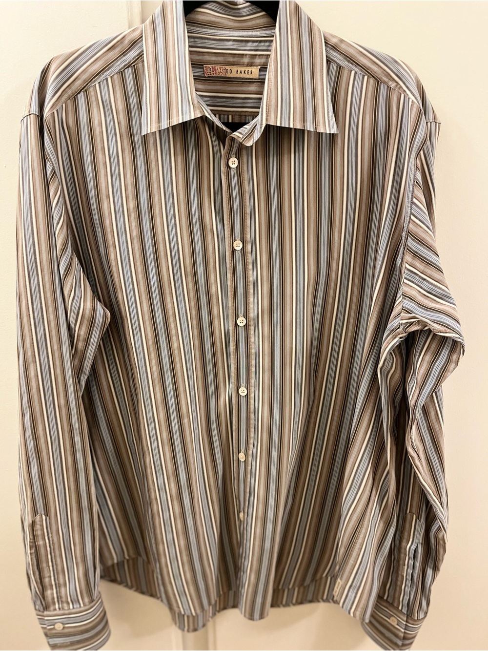 Ted Baker Men's Striped Dress Shirt in Brown, White & Blue - Size 5 (US Large)